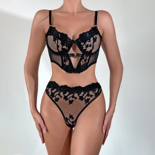 New Fishbone Flower Embroidery Underwear Set Sexy Ultra-Thin Mesh Woman Lingerie