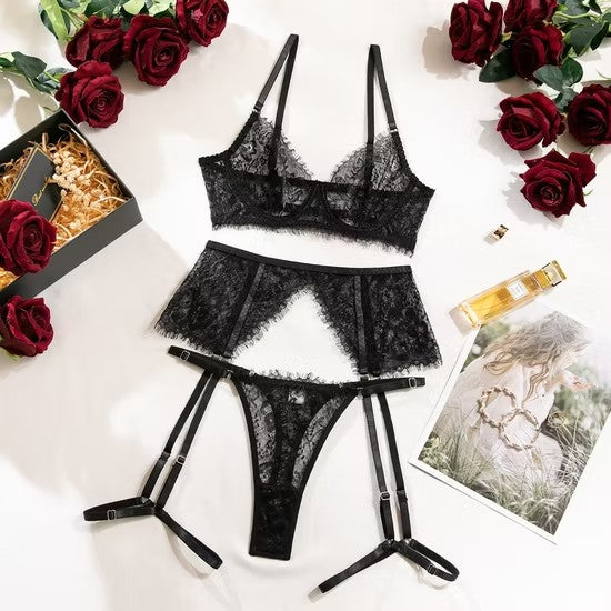 Sexy Eyelash Lace Solid Color Underwear Set Flower Embroidery Lingerie