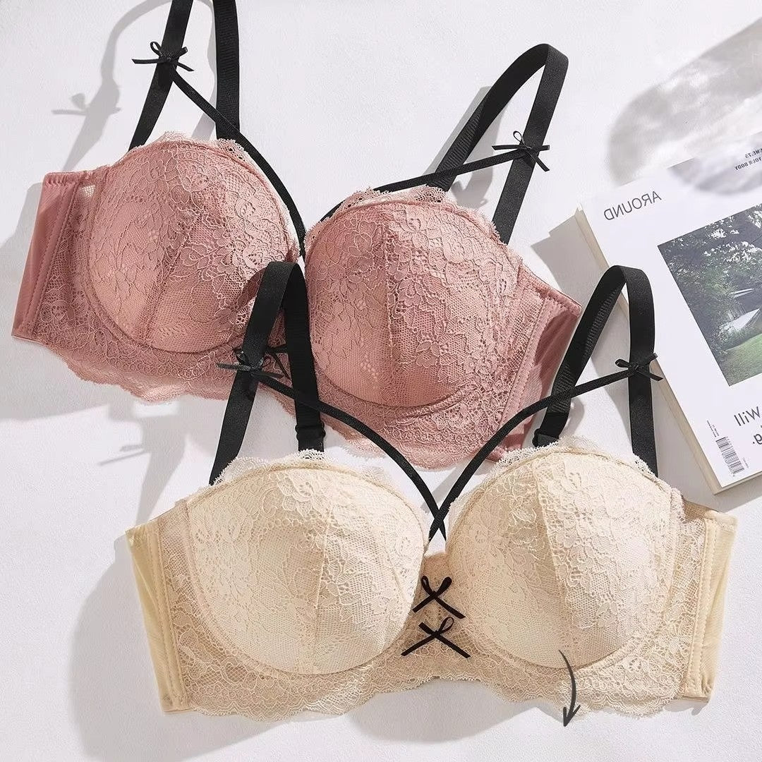 Half Cup Hot Bra for women Gathered Bowknot Brassiere Large Size Push Up Lace Tube Top Lace Big Chest Revealing Small Lace Bra
