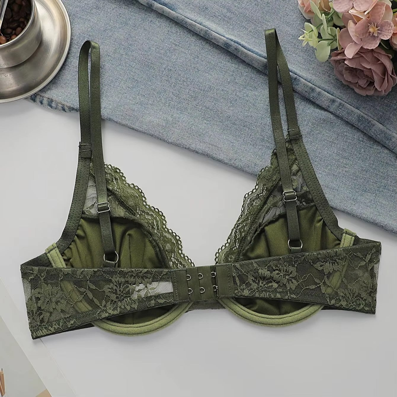 Women Sexy Floral Lace Underwire Bra Deep V Neck Unpadded Lingerie Comfortable Adjustable Straps Elegant Green Everyday Bras