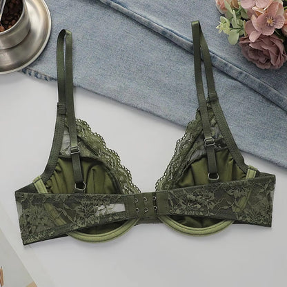 Women Sexy Floral Lace Underwire Bra Deep V Neck Unpadded Lingerie Comfortable Adjustable Straps Elegant Green Everyday Bras