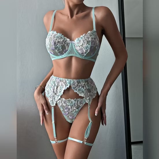 Ultra-Thin Flower Embroidery Lace Underwear Set Sexy See-Through Mesh Woman Lingerie
