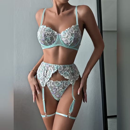 Ultra-Thin Flower Embroidery Lace Underwear Set Sexy See-Through Mesh Woman Lingerie