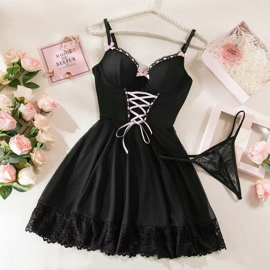 Sexy Bow Mesh See-Through Dress Underwear Set Hot Women Two-Piece Lingerie