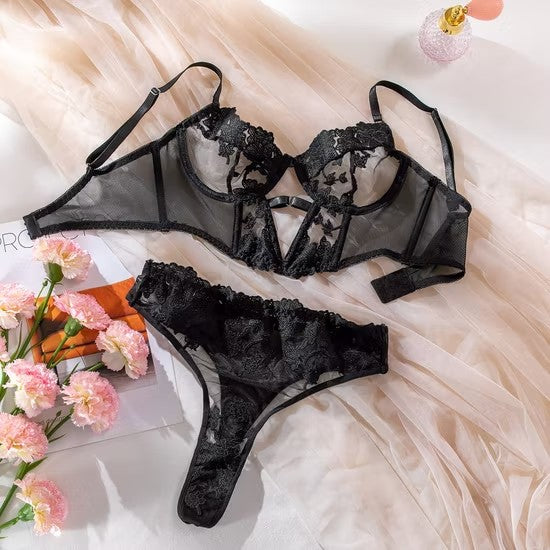 New Fishbone Flower Embroidery Underwear Set Sexy Ultra-Thin Mesh Woman Lingerie
