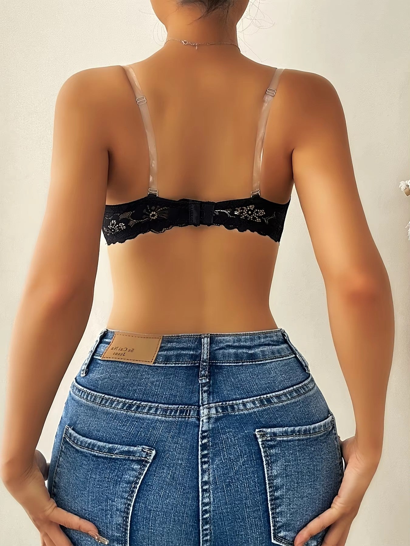 Solid color floral lace semi transparent strapless steel ring strapless bra, sexy and comfortable push forward opening and closing