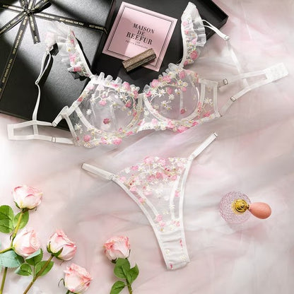 Sexy Ultra-Thin Perspective Mesh Underwear Set Embroidered Flower Lingerie