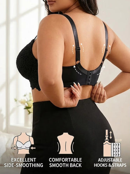 Women Plus Size Floral Push Up Bra Underwire Side Support Anti-Sagging with Wide Adjustable Straps Full Cup Brassiere