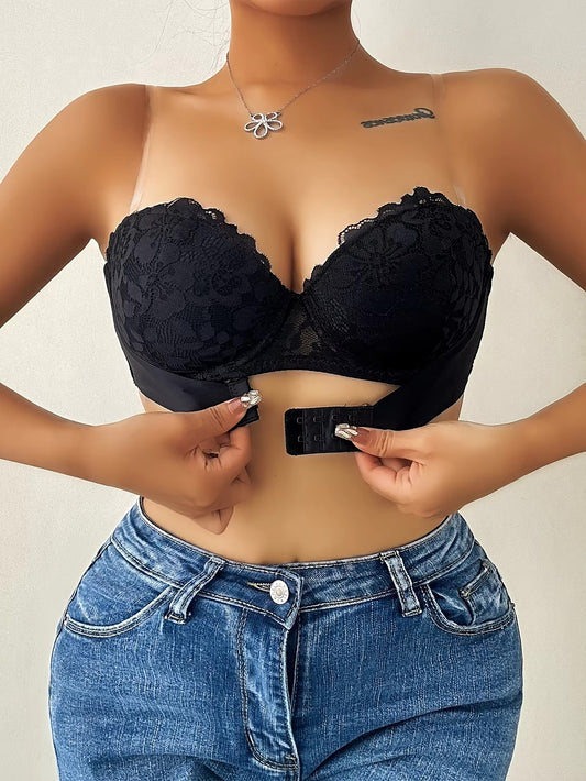 Solid color floral lace semi transparent strapless steel ring strapless bra, sexy and comfortable push forward opening and closing