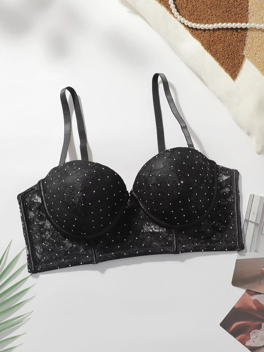 Women's Sexy Lace Bra with Diamond Detail Underwire Padded Breathable Adjustable Straps Gathered Push up Underwear MR3012