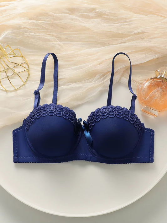 Sexy Blue Push Up Bow Bra Women Underwired Padded Bras Back Smoothing Breathable Full Cup Comfortable Daily Lingerie