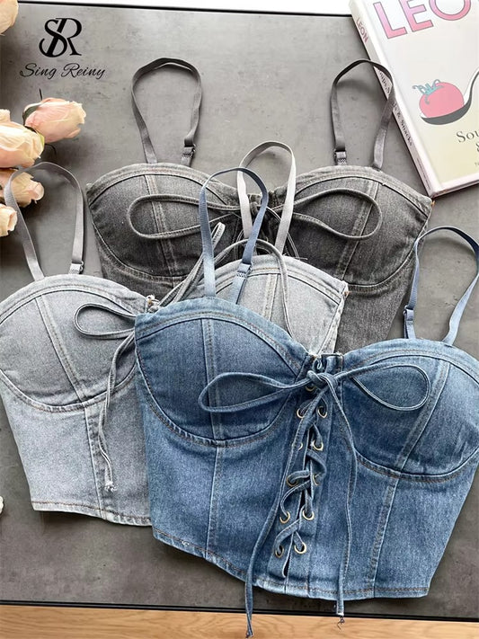 Fashion Women Sexy Denim Camisole Sleeveless Lace Up Skinny Tops 2024 Vintage Backless Elastics Short Streetwear Camis