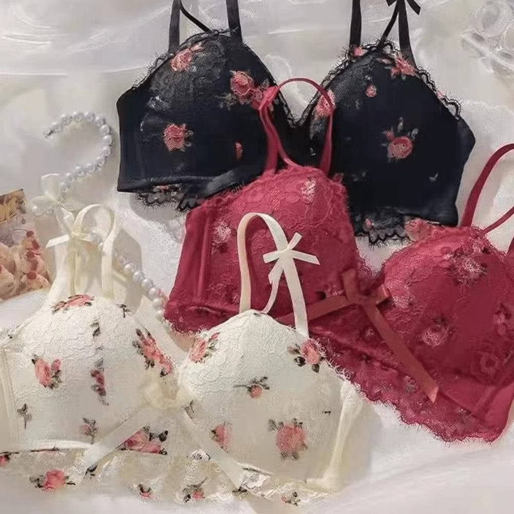 Beauty Back Adjustable Steel Ring Bra Floral Print Seamless Wireless Bra Anti-Sagging Gathered Latex Bra Women