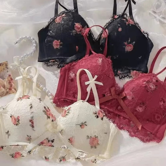 Beauty Back Adjustable Steel Ring Bra Floral Print Seamless Wireless Bra Anti-Sagging Gathered Latex Bra Women