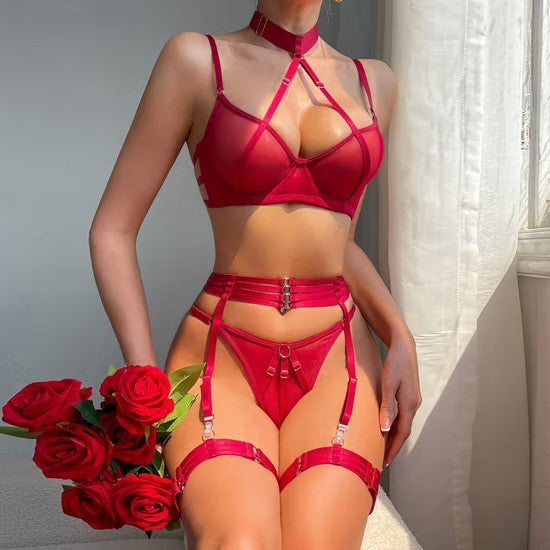 Sexy Hanging Neck Ultra-Thin Mesh See-Through Underwear Set Hot Erotic Women's Lingerie