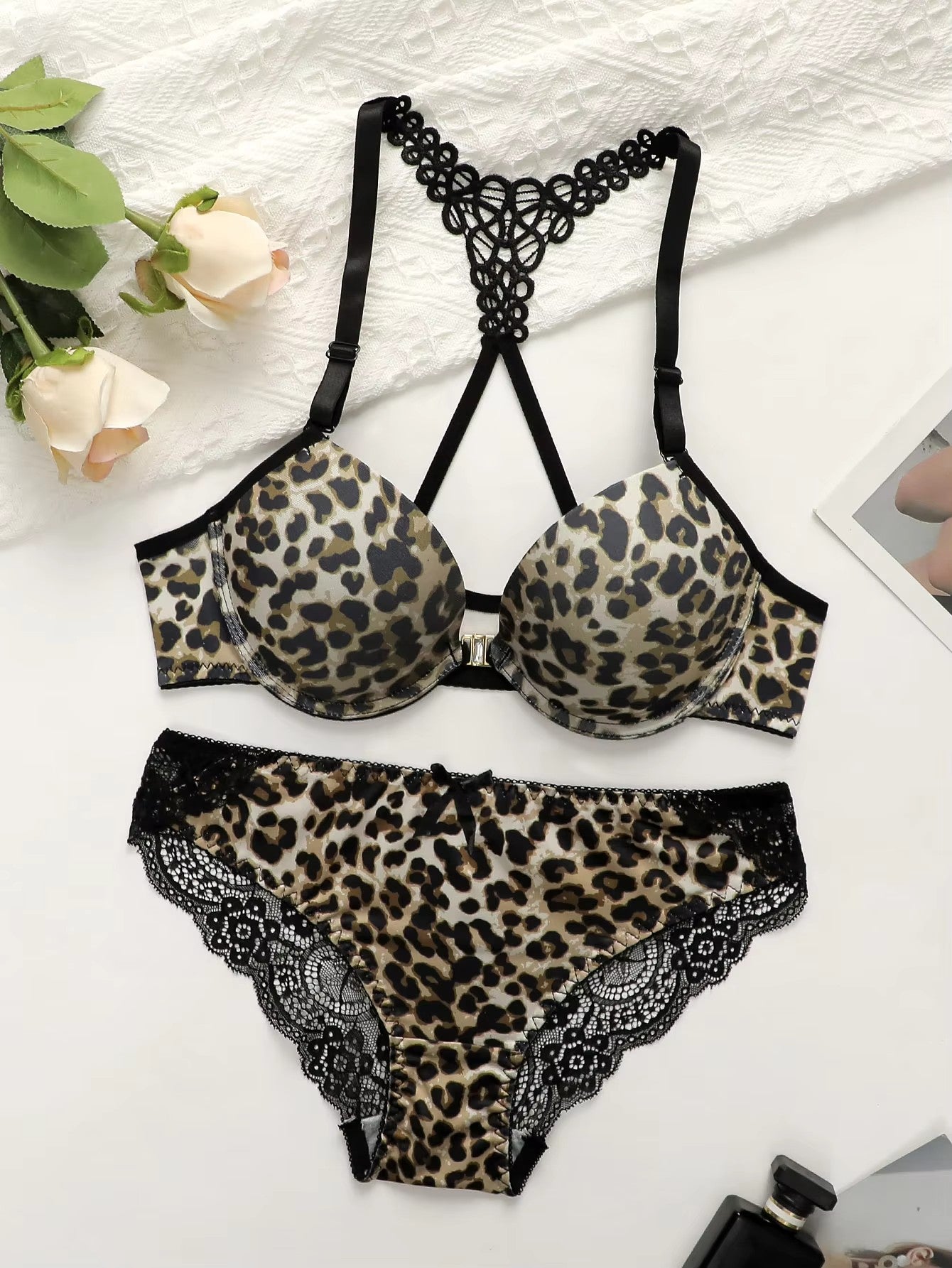 Women's Sexy Underwear Set Leopard Pattern Bra with Steel Ring Front Closure Comfortable and Breathable Lace Panty