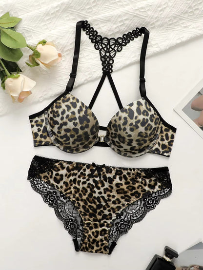 Women's Sexy Underwear Set Leopard Pattern Bra with Steel Ring Front Closure Comfortable and Breathable Lace Panty