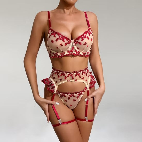 Heart-Shaped Embroidery Woman Underwear Set Sexy Transparent Mesh Lingerie