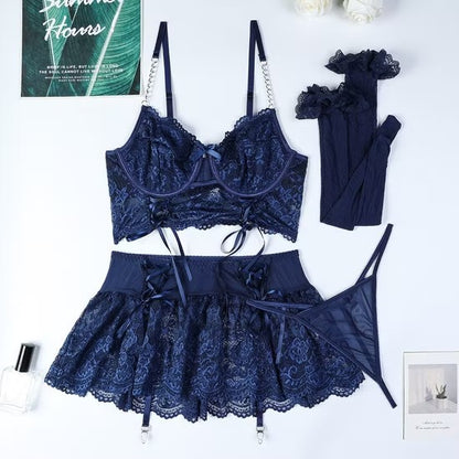 Sexy Embroidery Lace Hollow out Strap Cross Bra Set Erotic Skirt Woman Lingerie