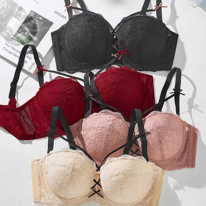 Half Cup Hot Bra for women Gathered Bowknot Brassiere Large Size Push Up Lace Tube Top Lace Big Chest Revealing Small Lace Bra