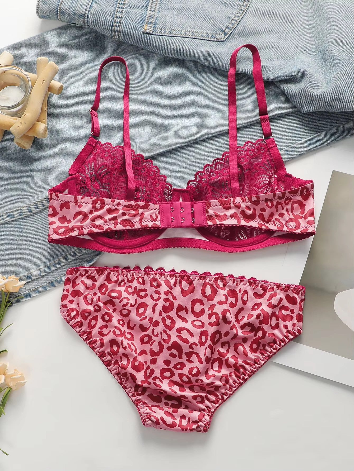 Womens Lace Lingerie Sets Underwire Bra Non Padded Bra And Panty 2 Pack Push Up Bra Set Pink Leopard Print Bra