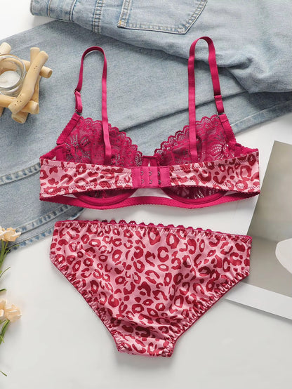 Womens Lace Lingerie Sets Underwire Bra Non Padded Bra And Panty 2 Pack Push Up Bra Set Pink Leopard Print Bra