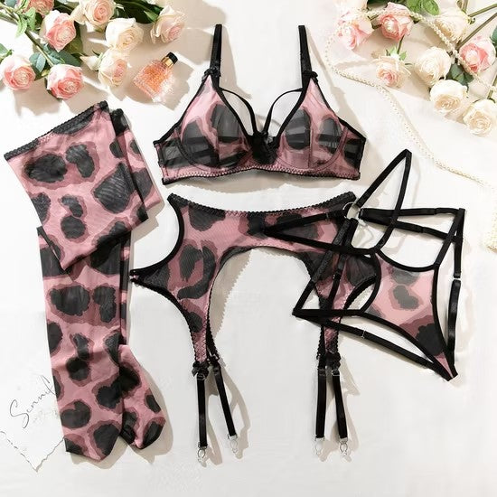 New Design Leopard Print Bra Set with Stockings Sexy Transparent Mesh Woman Lingerie