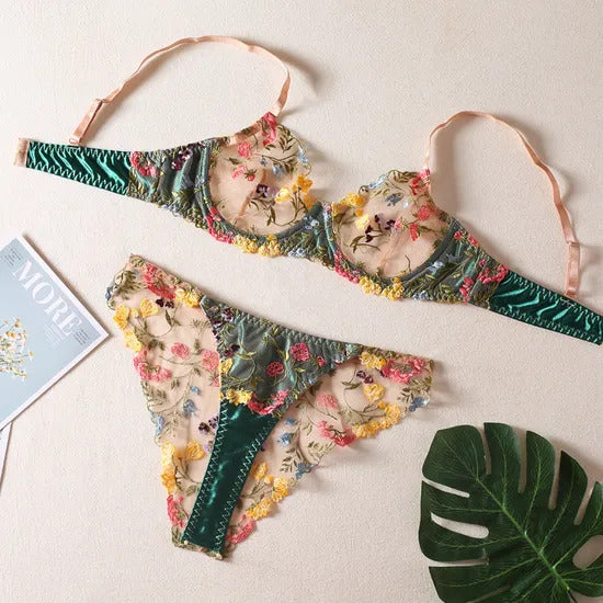 Sexy Transparent Mesh Embroidery Underwear and Panty Set Hot Temptation Woman Lingerie