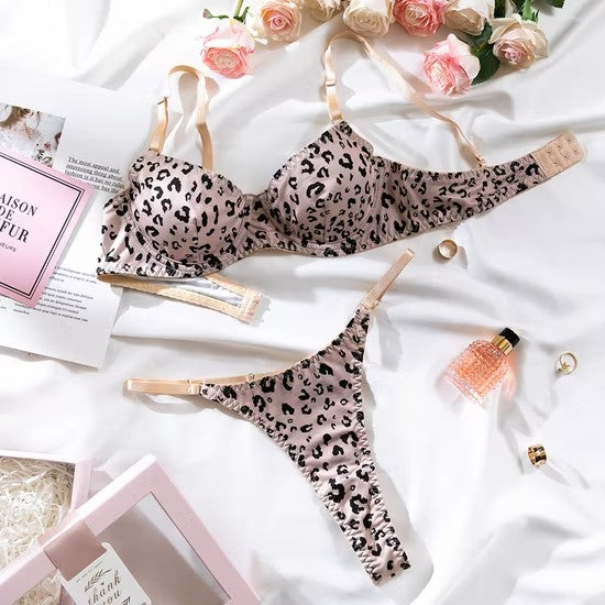 Sexy Leopard Print 2PCS Woman Underwear Set Transparent Thin Cup Lingerie