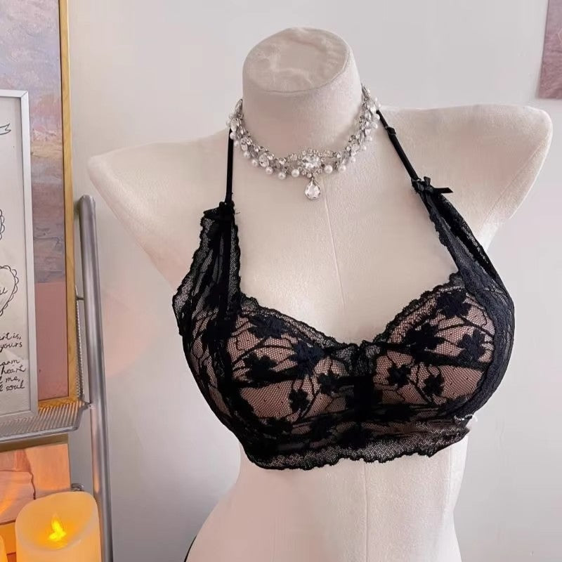 Sexy Floral Lace Gathered Cup with Adjustable Straps for Neck Wear. Multi-Purpose French-Style Back Bra.