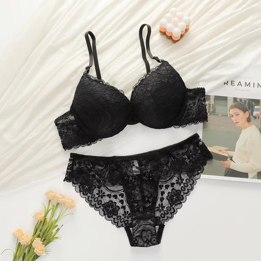 Sexy lingerie Set Lady Push Up Bras Set Transparent Floral Underwire Intimate Pretty Lace Underwear Panty Set