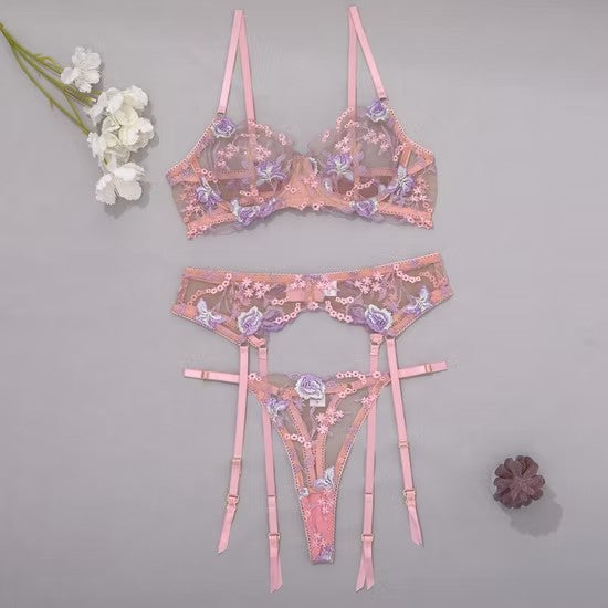 New Floral Embroidered Latex Underwear Set for Woman Sexy See-Through Mesh Lingerie