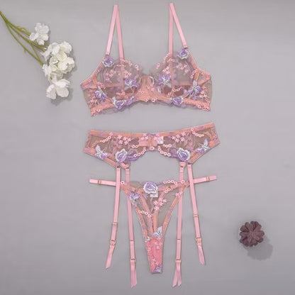 New Floral Embroidered Latex Underwear Set for Woman Sexy See-Through Mesh Lingerie