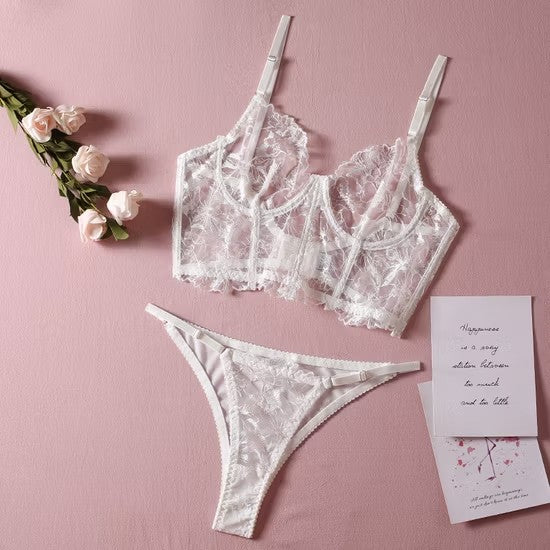 Embroidery Lace Fishbone 2 Piece Underwear Set Sexy Erotic Women's Lingerie