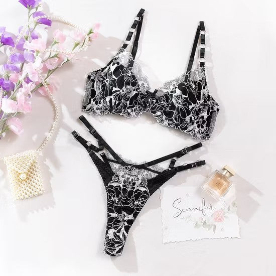 Sexy Double Layer Thin Underwear Set Embroidery Transparent Women's Lingerie