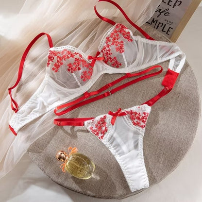 Transparent Mesh Bow Underwear Set Sexy Floral Embroidery Woman Lingerie