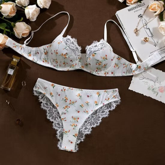 Sheer Embroidered Lace Thin Bra Set Sexy Flower Print Woman 2PCS Lingerie
