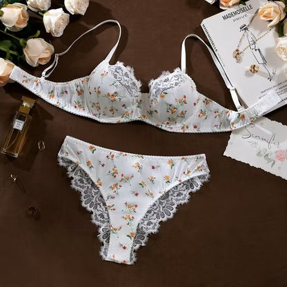 Sheer Embroidered Lace Thin Bra Set Sexy Flower Print Woman 2PCS Lingerie